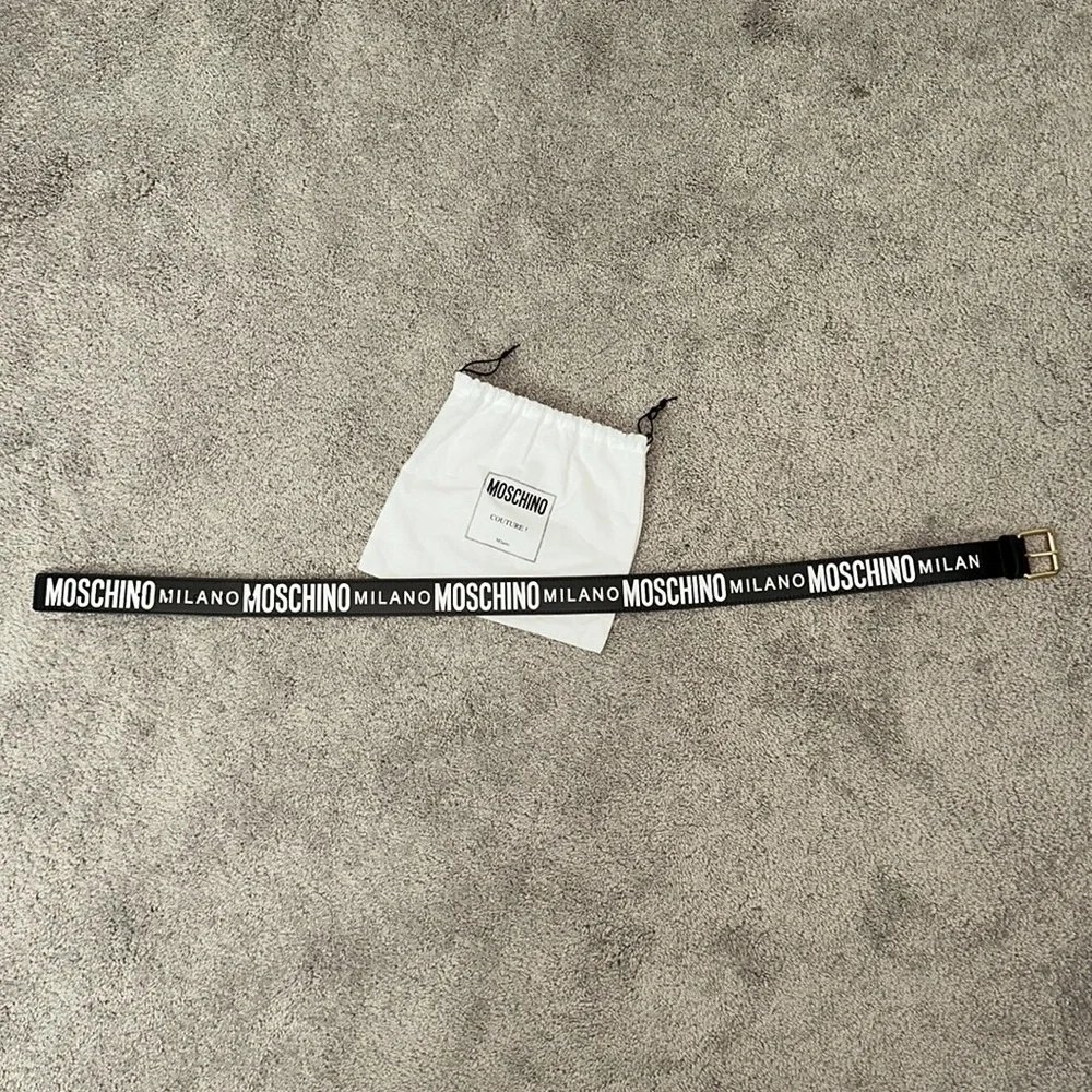 Moschino Black Belt with White Logo and Gold Buckle